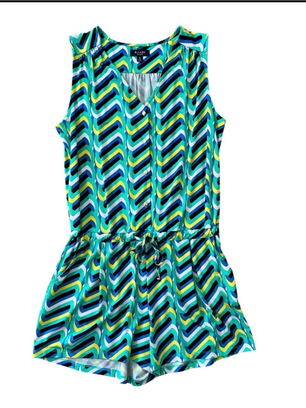 Kaari Blue Turquoise & Lime Geometric Sleeveless Romper